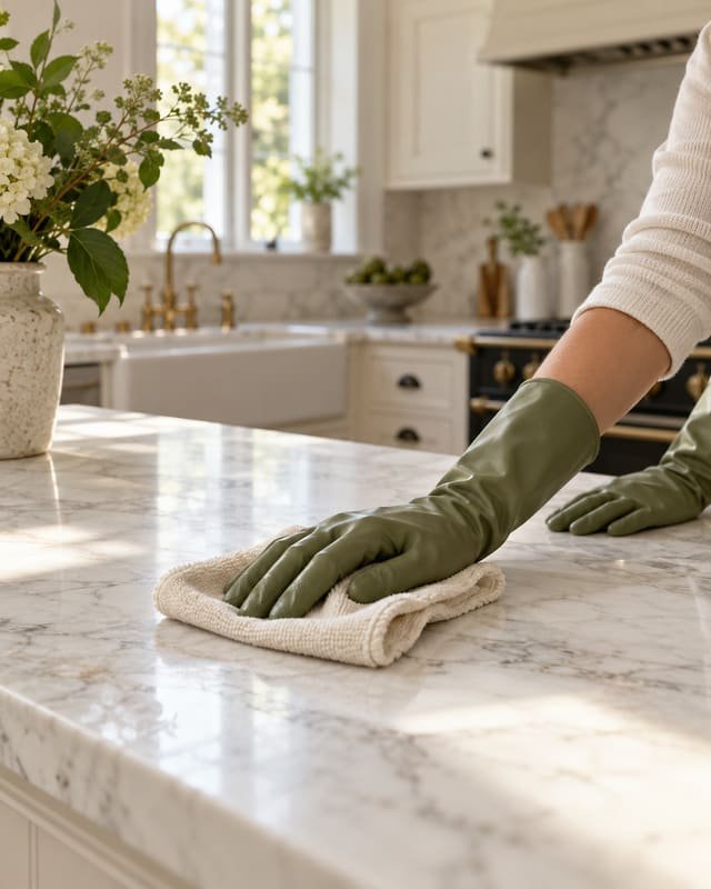 Professional cleaner in olive gloves wiping a white marble kitchen counter