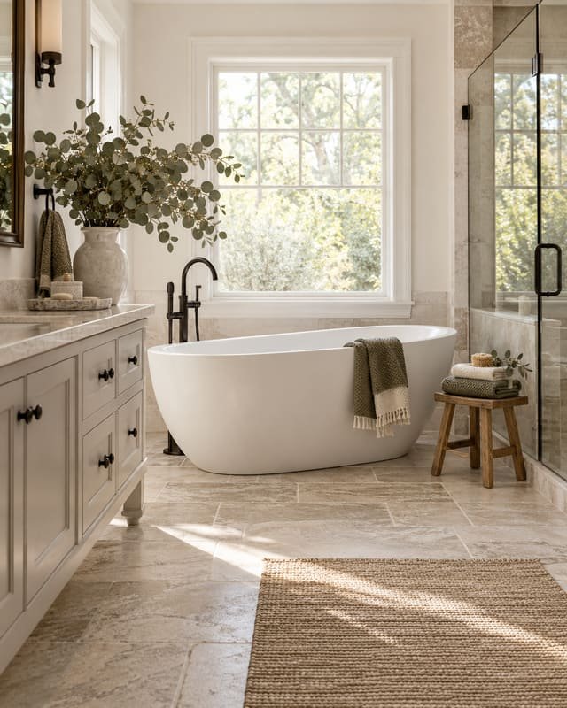 Serene, spotless bathroom with freestanding tub, eucalyptus and folded olive and cream towels