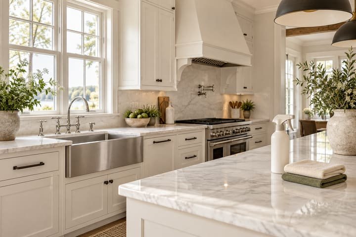Spotless modern farmhouse kitchen with gleaming sink, marble counters and white cabinets