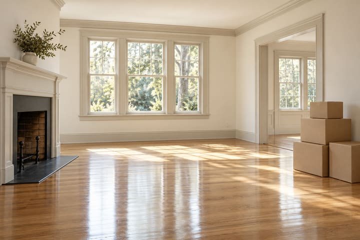 Empty, freshly cleaned living space with glossy hardwood floors and neatly stacked moving boxes