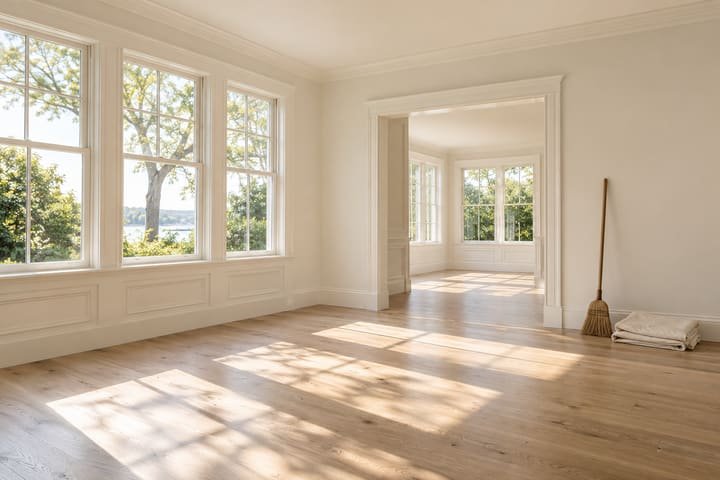 Newly renovated, empty room with light wood floors and white walls, cleaned after construction