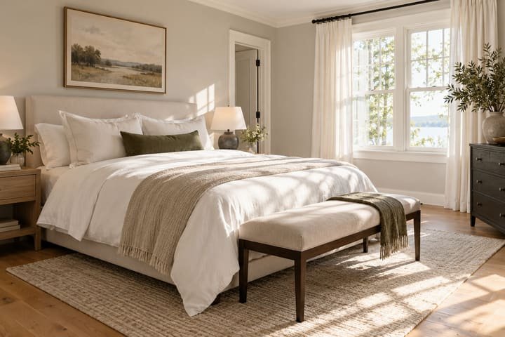 Bright, freshly cleaned bedroom with crisp white bedding and natural light