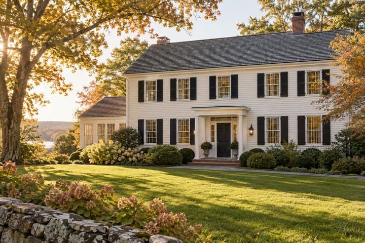 Classic white New England colonial home with black shutters on a calm autumn morning